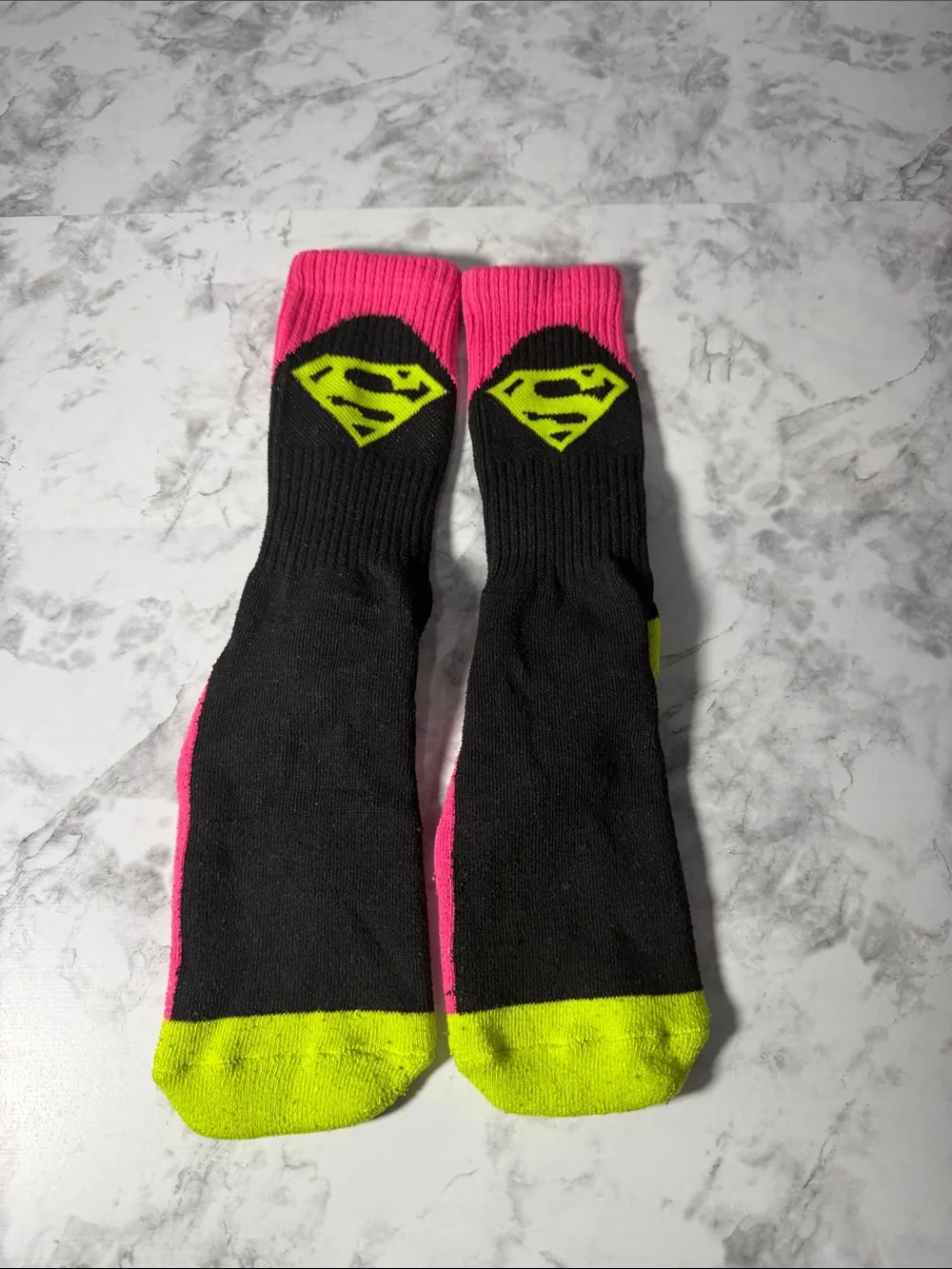 Black & Pink Women's Crew Socks with Neon Yellow Accent